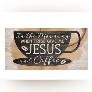 Wooden Jesus and Coffee Sign